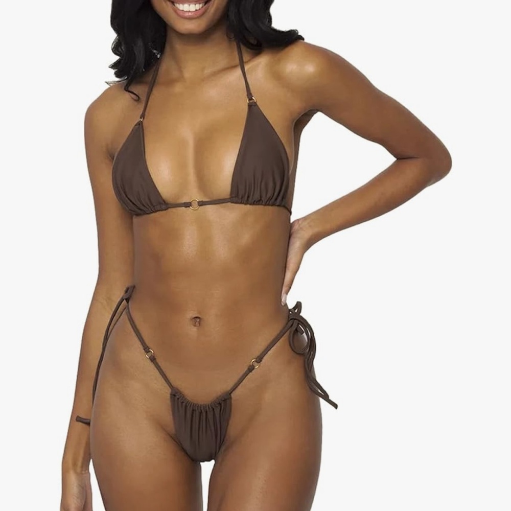 Minimalist Brown Triangle Bikini with Textured Fabric